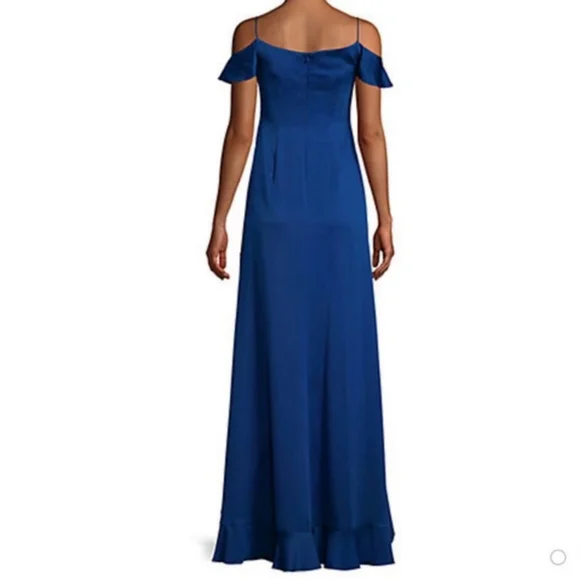Aidan Mattox Satin Ruffle High Low Cold Shoulder Maxi Long Dress Navy Blue 8 - Picture 3 of 8
